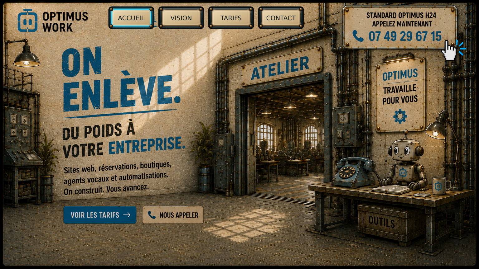 Atelier rétro-industriel Optimus Work avec le standard téléphonique et la mascotte.