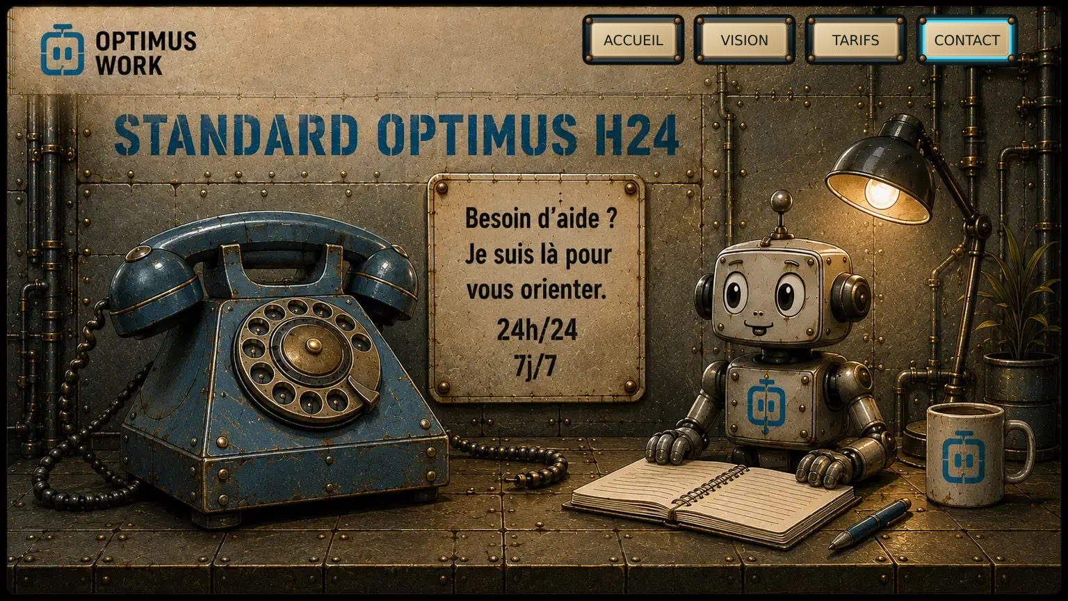 Contact Optimus Work avec téléphone rétro et robot opérateur.