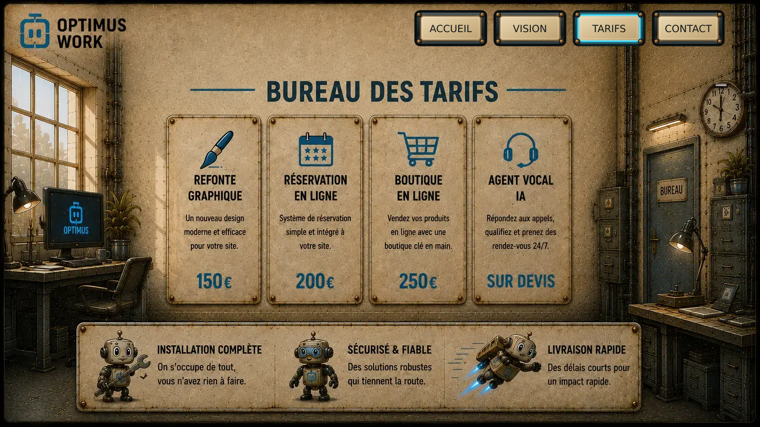 Bureau des tarifs Optimus Work avec quatre offres et trois robots thématiques.