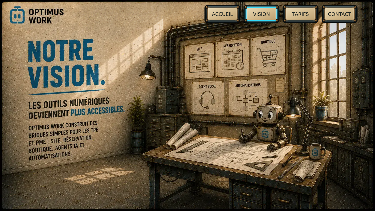 Bureau des plans Optimus Work dans la même usine rétro-industrielle.