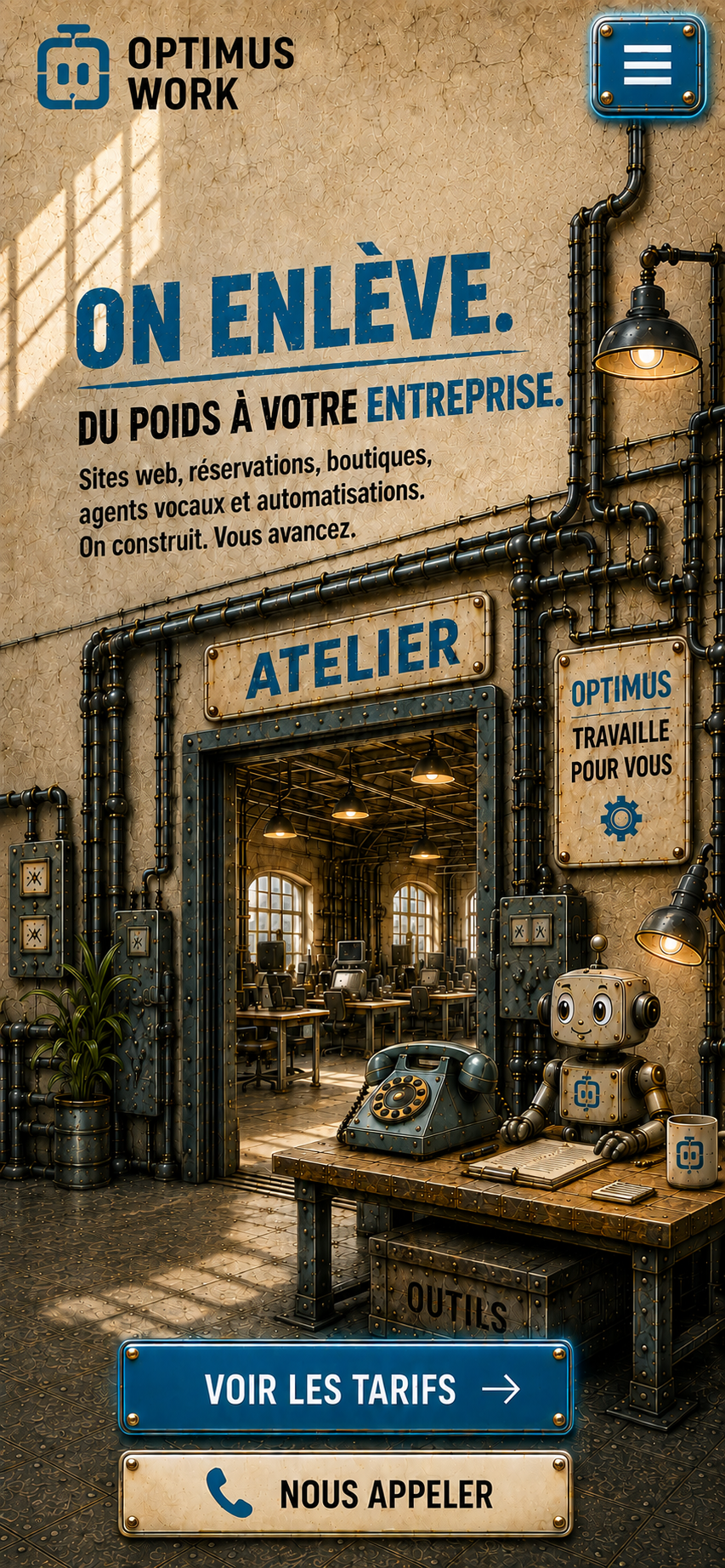 Accueil Optimus Work dans l’atelier rétro-industriel.