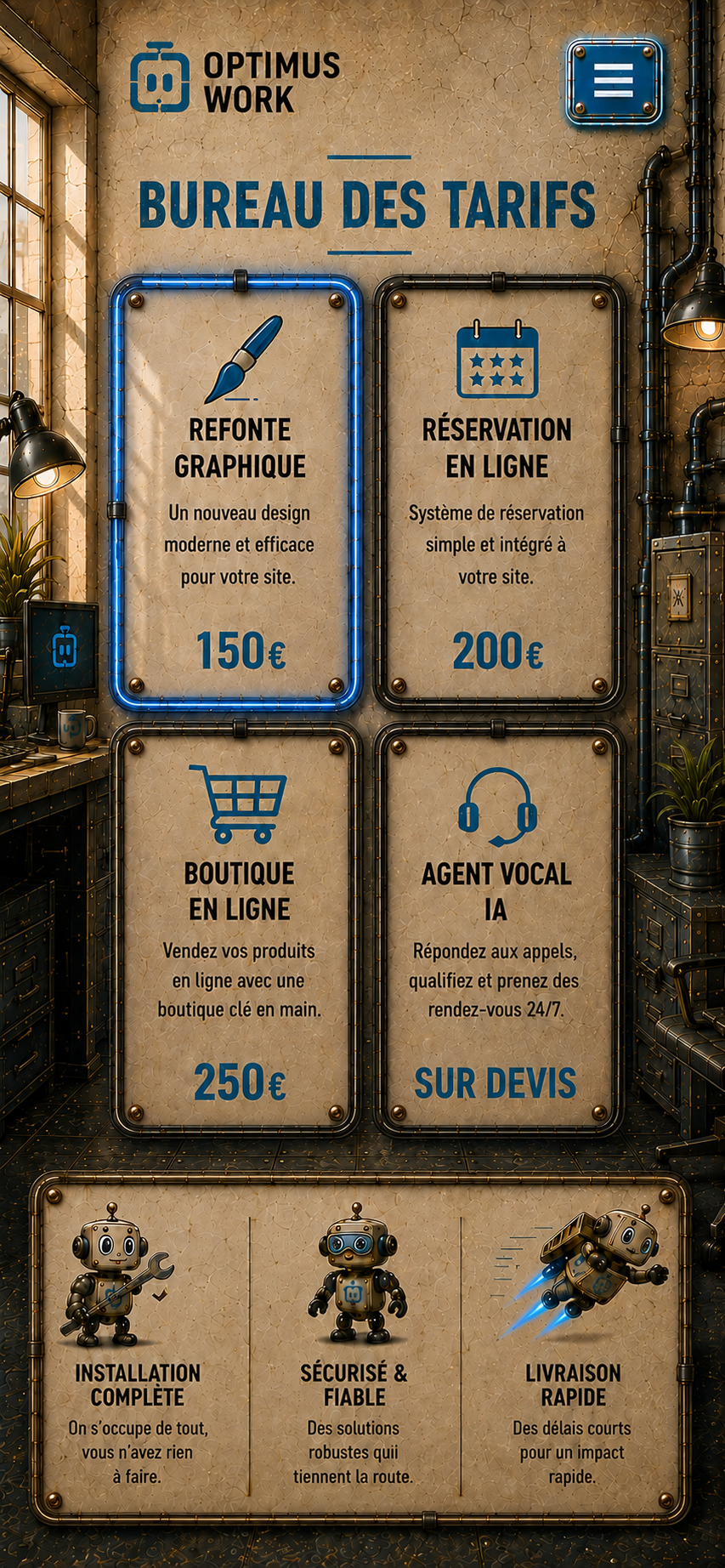 Bureau des tarifs Optimus Work avec quatre offres.